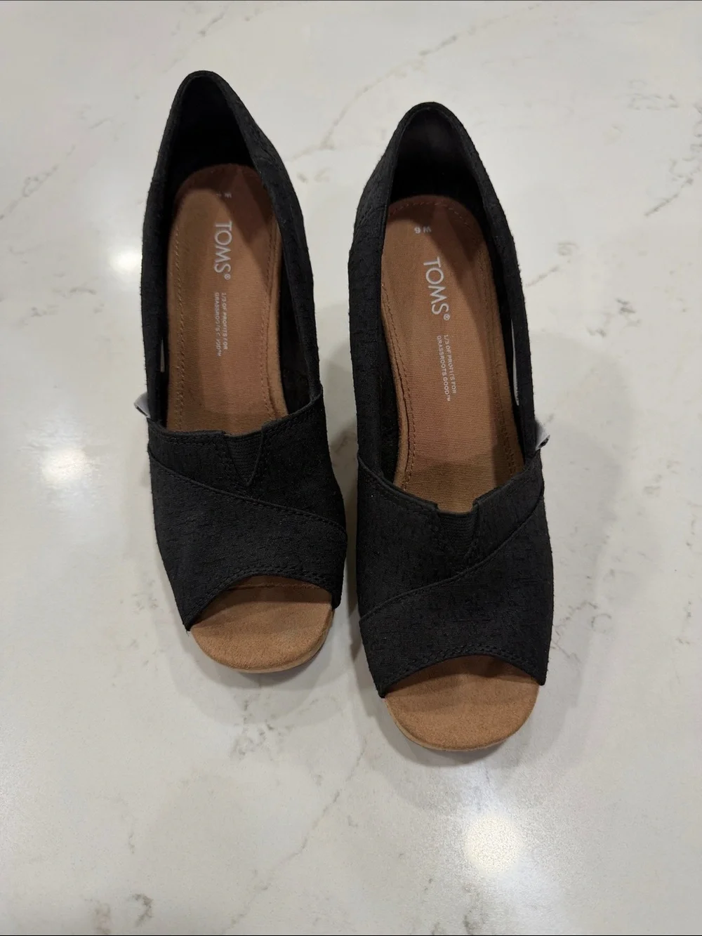TOMS Black Open-Toe Cork-Look Wedge Heels